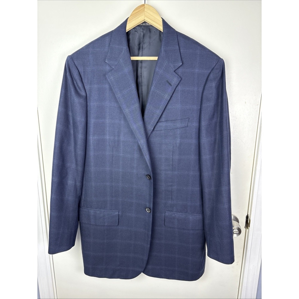 Corneliani Blazer Blue Plaid Window pane Size 46 Wool Silk Blend Preppy